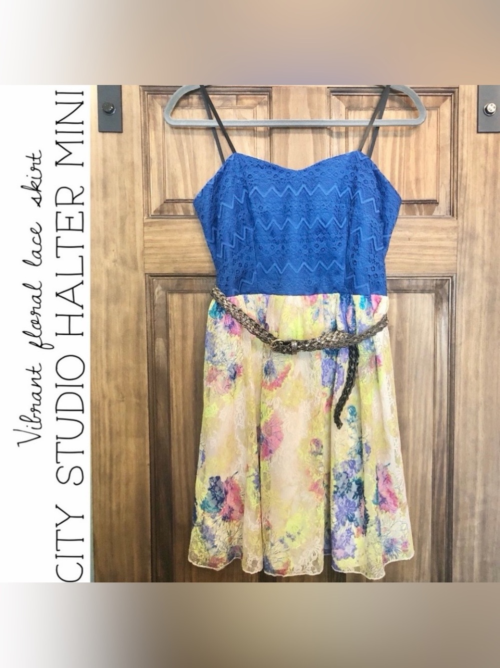 Juniors City Studio Halter Floral Lace Mini Dress with Belt Accent